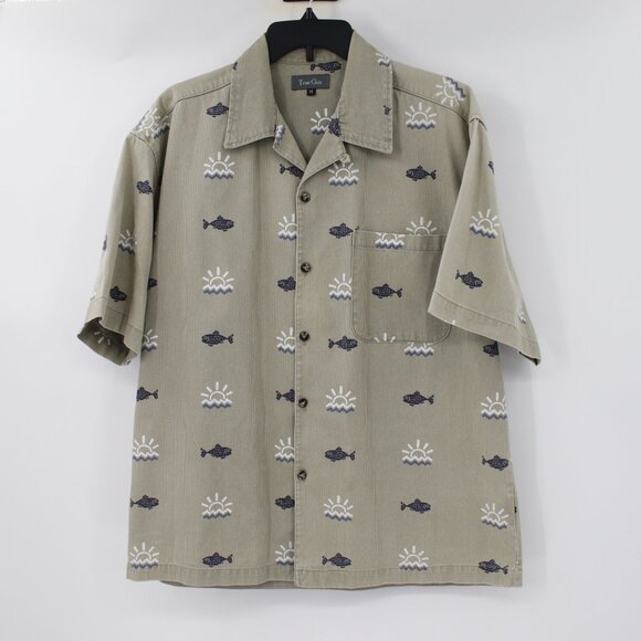 Vintage True Grit shirt Mens medium Short Sleeve Camp corded Sunrise Fish Print - Picture 1 of 12